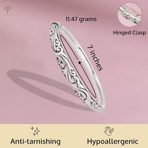 MAX + STONE Lightweight Hollow 925 Sterling Silver Bangle Bracelet for Women | 7 Inch Silver Bracelets with Hinged Clasp | Anti-tarnishing Hypoallergenic Silver Bangles for Women4