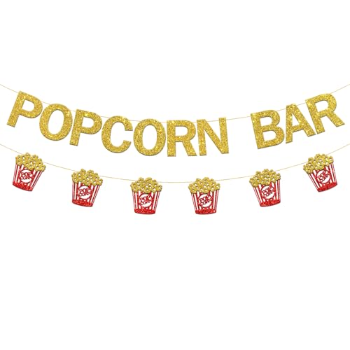 BOBYIYI Popcorn Bar Banner Movie Night Party Decorations Popcorn Sign for For Birthday Wedding Bridal Shower Anniversary Party Decor Glitter Gold