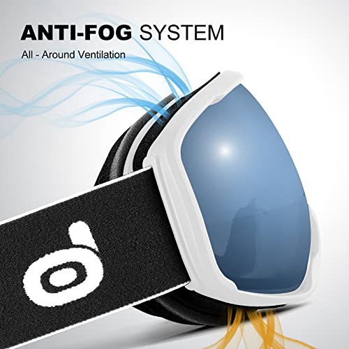 Odoland Snow Ski Goggles S2 Double Lens Anti-Fog Otg Windproof Uv400 Eyewear For Men, Women And Youth-Skiing Snowboarding, White Frame Blue Lens Vlt 50% #TOP2