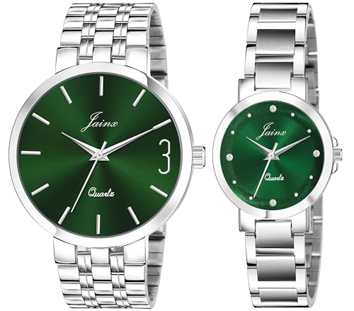 Image of jainx Steel Chain Gift Set Analog Wrist Watch for Couple (Blue /Green Color Dial)