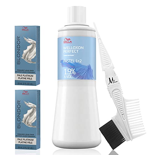 Blondor /18 Pale Platinum Permanent Liquid Toners 2 oz each, Welloxon Perfect 1.9% 6 Volume Pastel Developer 1 Liter, and M Hair Designs Tint Brush/Comb White (Bundle 4 items)