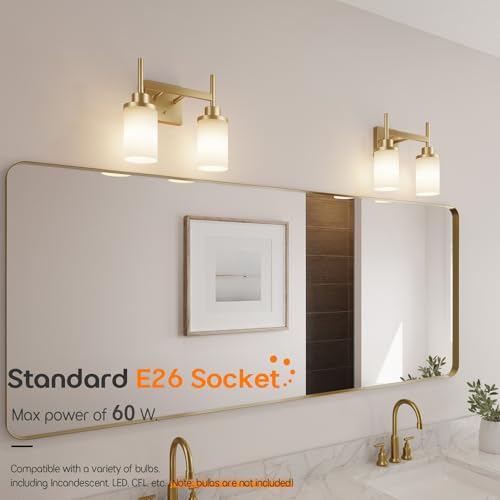 Image of Vanity Lighting Fixtures with White Frosted Glass Shade, Double Wall Lamps for Bathroom Mirror Bedroom Living Room Washroom Porch, Gold T001GD-L2