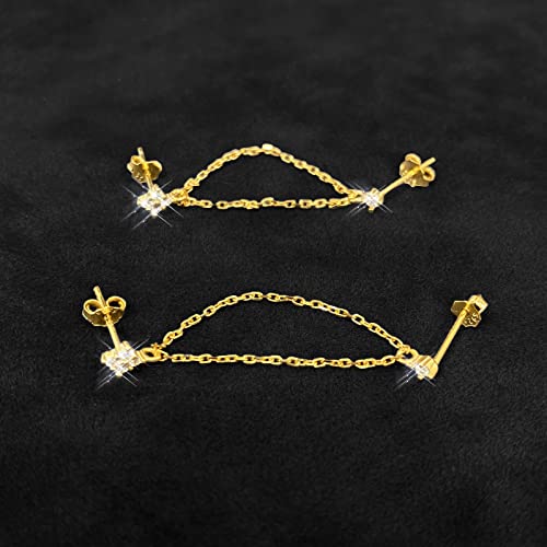 Glahorse 925 Sterling Silver Four Zircons Flower Stud Earrings For Women Double Studs Chain Tassel Piercing Earring 18K Gold #TOP4