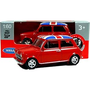 Welly Mini Cooper Mini Model (Red) with Union Jack Top Made of Die Cast Metal and Plastic Parts, Pull Back & Go Action…