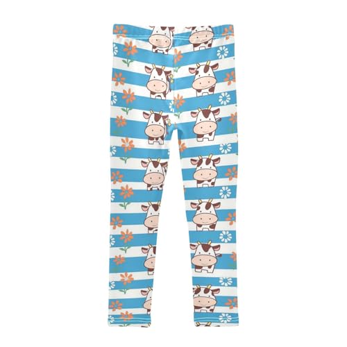 Wusikd Cartoon Cow Girls' Leggings Toddler Doodles Blue Striped Flowers Kids Yoga Pants Dance Active Tights 4T2