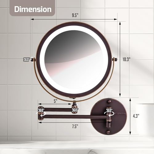 Image of OVENTE 9 inch Wall Mounted Lighted Makeup Mirror, Antique Bronze MFW85ABZ1X10X | Cordless Double Sided 1X /10X Magnifying Mirror for Bathroom with LED Lights, 360 Rotation, Extendable Arm, Battery Operated