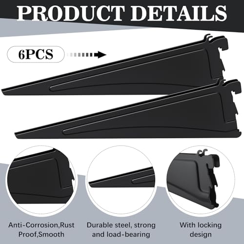 Image of Wonderjune 6 Pcs Adjustable Locking Shelf Bracket 16 Inch Shelf Brackets Heavy Duty Wire Shelving Brackets for Deep Wire Shelving Double Track System (Black)