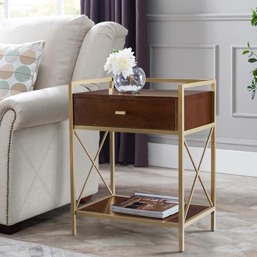 Image of Claudette Nightstand with USB-C Fast Charging Station, Solid Wood and Metal, Walnut Brown and Gold Side Table, Perfect for Bedrooms, Living Rooms, and Offices - Leick Home, 9069-WA