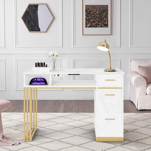 Table manucure marbre blanc et or BarberPub avec aspiration intégrée pour studio chic