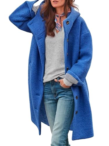 Image of Akivide Womens Winter Warm Fleece Woolen Long Hooded Jackets Oversized Button Down Casual Shearling Peacoats with Pockets