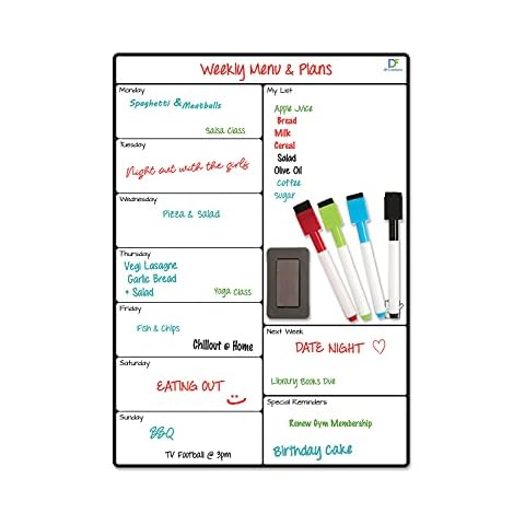 Magnetic Whiteboard Planner by DF Creations - Multi-Purpose Fridge Weekly White Board Calendar - Menu Planning, Shopping List, Reminder, Activities - 4 Free Dry Erase Markers and Extra Large Eraser Cover