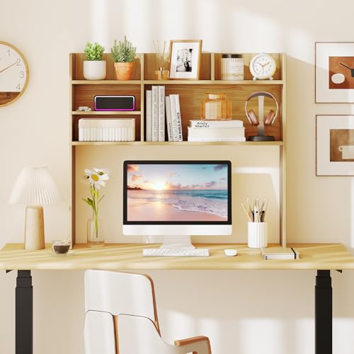 Image of Tangkula Desktop Bookshelf for Computer Up to 32 inch, 37 inch Countertop Storage Hutch with 6 Storage Shelves, 3-Tier Desktop Organizer Display Rack, Wooden Desk Hutch for Dorm Home Office (Burlywood)