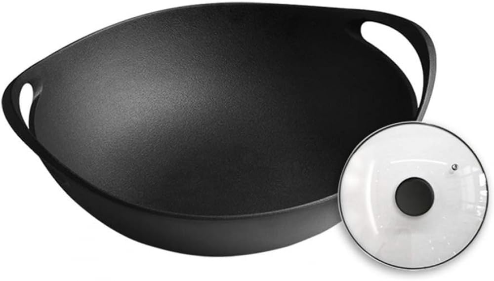 ASerZenith Cast Iron Wok, Chinese Wok Pan - Cover & Pot Ear, Integrated, For 6 Person, Stable Molecular Structure