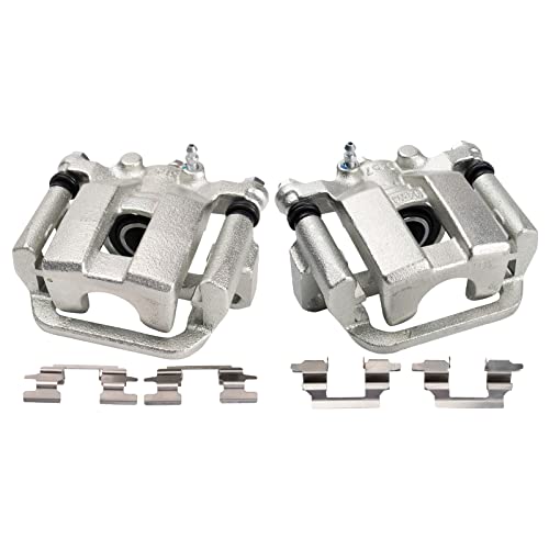 Image of TRQ Rear Driver and Passenger Side Brake Caliper Set Caliper Brackets Hardware Compatible with 19-20 Nissan Rogue with Manual Parking Brake 17-18 Rogue SL Hybrid 17-18 SV Hybrid 14