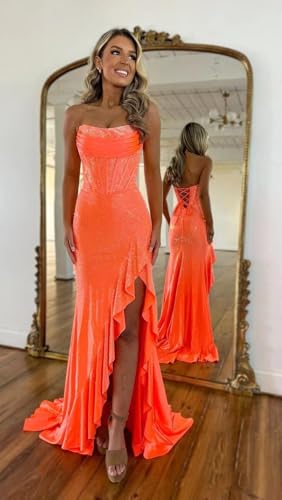 Mermaid Sparkly Prom Dresses with Slit Strapless Sequin Formal Evening Gown for Women4