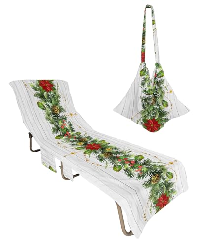 Christmas Beach Lounge Chair Towel Cover, Soft Chaise Lounge Towel with Side Pockets Patio Pool Chairs Cover for Beach/Pool Sunbathing 29x85 Xmas Pine Needle Botanical Vintage Wooden
