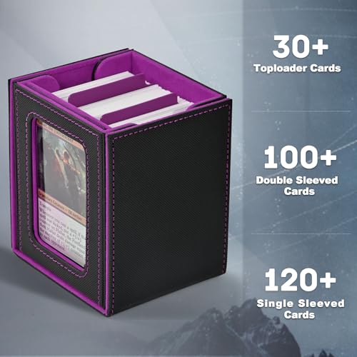 Image of ZLCA MTG Deck Box with Commander Window Display, Trading Card Storage Box Holds 100 Double-Sleeved Cards Suitable for TCG /CCG /PTCG /EDH /Magic /Sport Cards (Black&Purple)