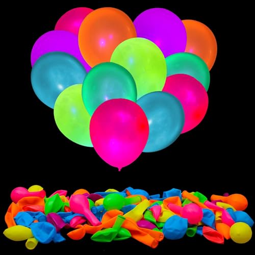 100 Pcs UV Neon Balloons Neon Glow Party Balloons UV BlackLight Balloons glow in the dark party supplies for Birthday Decorations Wedding Glow Party Supplies Light up Balloons