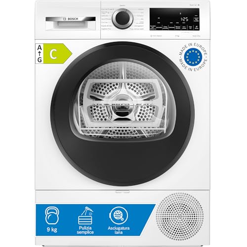 Bosch WQG243C0II Serie 6 Asciugatrice a pompa di calore, 9 kg, Classe energetica C, Sensori di asciugatura, Riduce le pieghe e facilita la stiratura, Cestello per capi in lana, Bianco, 60 Cm