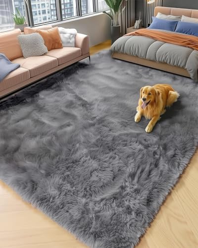 PAGISOFE Grey Fluffy Rugs for Bedroom 4x6 Area Rug Shag