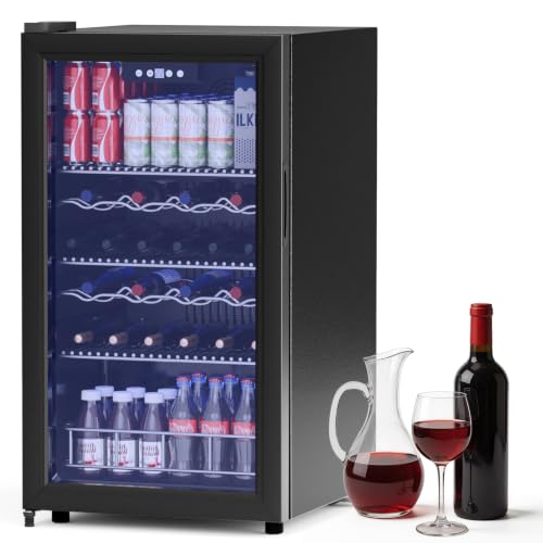LUMENOX 108L Under Counter Fridge UV-Protected Double Tempered Glass Door Drinks Fridge with Digital Display (4C to16C) Blue Soft Glow for for Home Bar Kitchen & Office