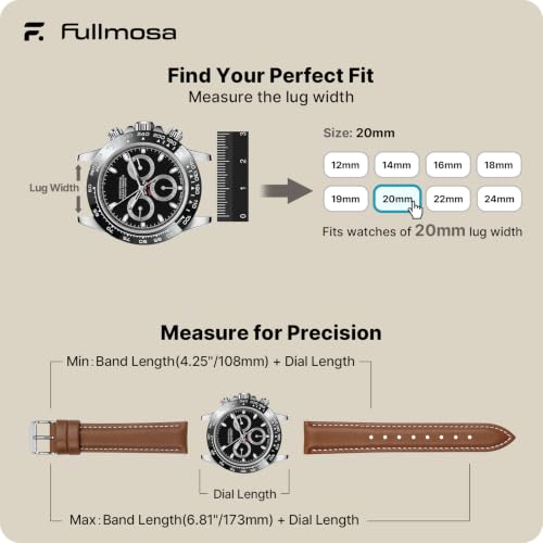 Image of Fullmosa Watch Straps 20mm, Axus Series Leather Strap Replacement Watch Strap with Stainless Steel Metal Clasp for Men Women 14 /16 /18 /20 /22 /24mm, Brown 20mm | Strap for Garmin Vivoactive 6 /5,Venu Sq 2 /Sq,Galaxy Watch 7 /6 /5 40mm 44mm Women Men, Brown&Silver Buckle