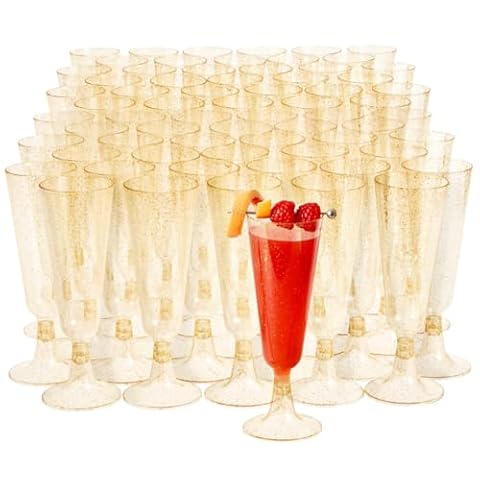 MATANA 100 Plastikowych Kieliszków do Szampana ze Złotym Brokatem na Wesela, Urodziny, Boże Narodzenie i Imprezy (150ml) - Eleganckie, Solidne i Wielokrotnego Użytku
