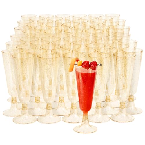 MATANA 100 Copas de Champán de Plástico con Brillo Dorado, 150ml - Flautas de Champagne, Copas Cava, Copas Vino - Copas Plastico Duro Reutilizable para Bodas, Cumpleaños, Fiestas