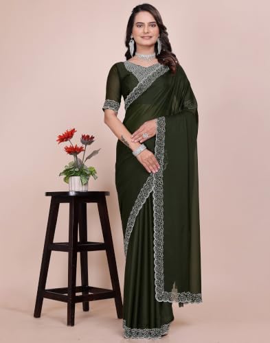 Image of SIRIL Women's Georgette Hot Fixing Stone Work Saree with Unstitched Blouse Piece