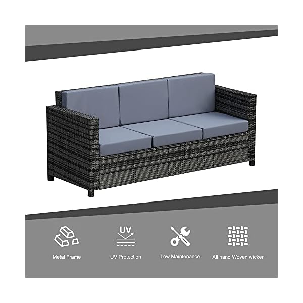 Outsunny 3 Seater Rattan Sofa All-Weather Wicker Weave Metal Frame Chair with Fire Resistant Cushion - Grey - Image 5