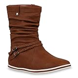 Hellbraun Bequeme Damen Stiefel Schlupfstiefel Lochungen Flache Boots Leder-Optik Metallic Schuhe 104091 Hellbraun 40 Flandell