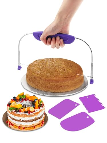 Adjustable Cake Leveler Cutter With 3PCS Cake Scrapers Set Baking Supplies Tool for Kitchen Large Size Cake-Cutter Slicer for Leveling Single Stainless Steel Wire & Plastic Handle(COLOR:Purple)