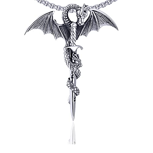 Xusamss Punk Rock Titanium Steel Sword Pendant Wings Dragon Necklace with 24inches Chain
