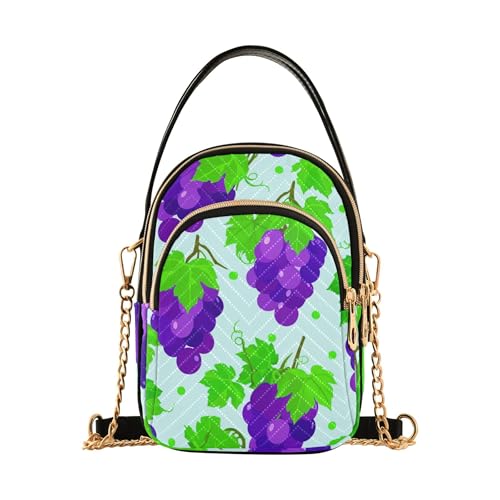 Purple Grape Green Leaves Pastel Women Shoulder Purses Phone Bags with Chain Strap Floral Print Zipper Crossbody Bowler Bag, 5.9
