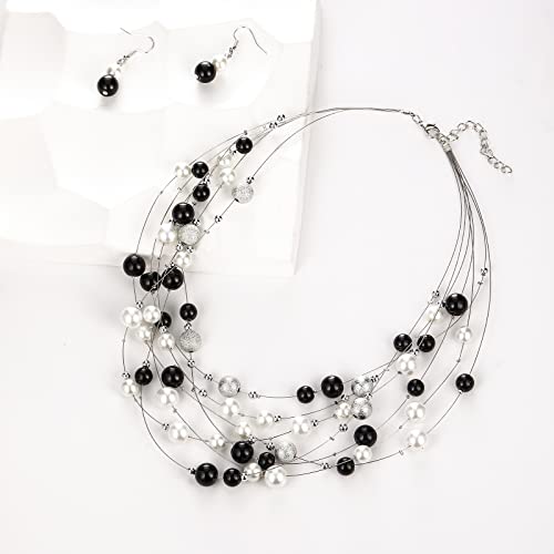 Layered Pearl Necklace Multi-Strand Pearl Choker Necklaces For Women Beaded Jewelry For Wedding Parties(37-Black And White) #TOP3