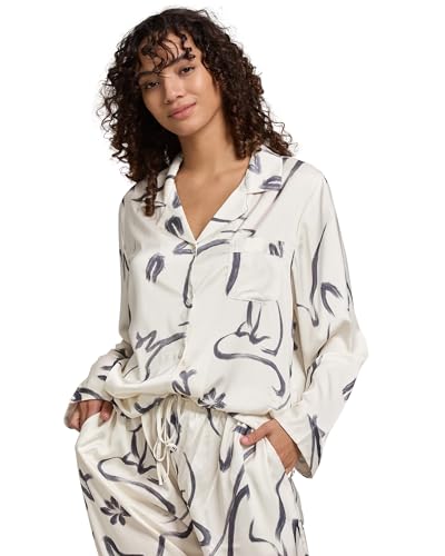 Image of YiNi LuLu Womens Silk Satin Pajamas Set Button Down 2 Piece Pjs Long Sleeve Oversized Sleepwear with Pockets