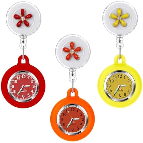 AGEN KGEN 3Pack Retractable Nurse Watch for Nurses Doctors Cute Flowers Clip-on Hanging Lapel Nurse Watch with Second Hand,Silicone Cover Brooch Fob Pocket Watch Badge Reel Cover