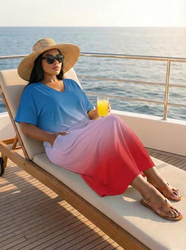 Image of SUZONANA Plus Size Maxi Dresses for Women T Shirts Dress Long Summer Outfits Casual Short Sleeve Oversized with Pockets Ombre Gradient Print Blue Red XL