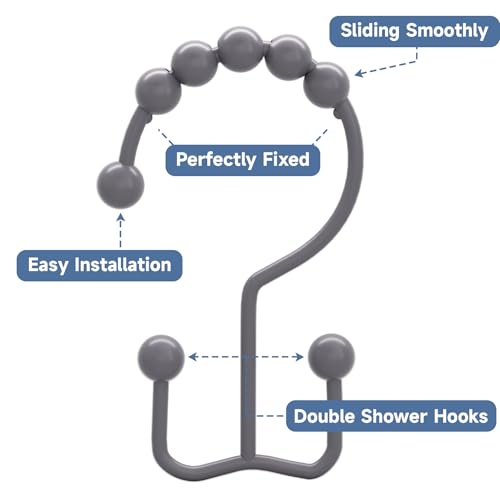 Titanker Shower Curtain Hooks Rings, Rust-Resistant Metal Double Glide Shower Hooks for Bathroom Shower Rods Curtains, Set of 12 Hooks - Neutral Gray