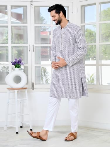 Image of See Designs Men's Full Sleeve Mandarin Collar Embroidered Thread Work Sequinned Rayon Straight Long Kurta - Festive Collection