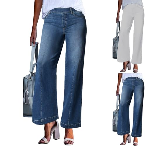 Generic Wide Leg Geans for Women Trendy Pull On Stretchy Lightweight Elastic Mid Waist Denim Pants Baggy Comfy Palazzo Pants