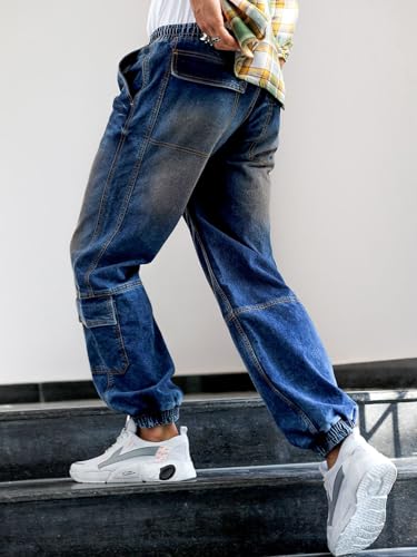 Image of The Indian Garage Co Men Loose Fit Solid Mid-Rise Stretchable Denim Joggers