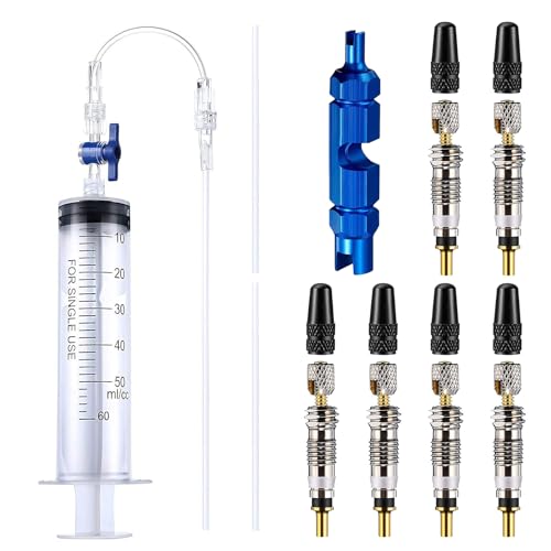 BORISCA 60ml Jeringa para líquido+13 Obuses Tubeless Removal Tool, Seringa de Selador de Pneus Sem Câmara 60ml Small Inyectores de Neumáticos para Bicicletas Neumáticos Reposición Líq