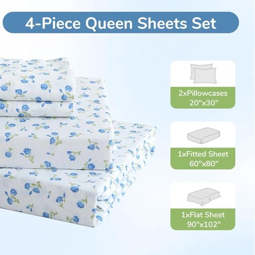 Image of MUXHOMO Queen Size 4 Piece Sheet Set, Soft Breathable Bed Sheet Set for Bedroom with Deep Pocket Up to 16 inch, Wrinkle-Free & Cooling Bedding for Oeko-TEX Certified - Floral Blue