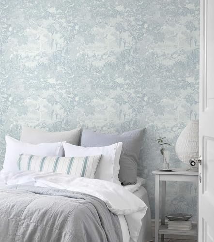 Image of Peel and Stick Wallpaper, Blue Toile Pattern, Removable Wall Covering, Pastoral Landscape Design