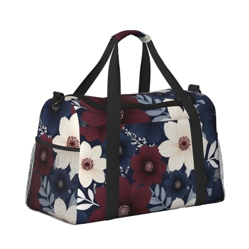 maroon and navy flowers Print Travel Duffle Bag - Foldable Personal Item Travel Bag for Women & Men,Carry-On Convertible Crossbody Tote Bags with Adjustable Shoulder Strap & Pockets 13x10.2x19.7 in3