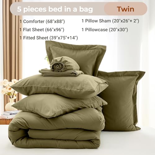 MUXHOMO 5 Pieces Twin Comforter Set, Soft Bed in a Bag Twin Size, All Season Bedding Set with Comforter, Flat Sheet, Fitted Sheet, Pillowcases & Shams, Olive Green