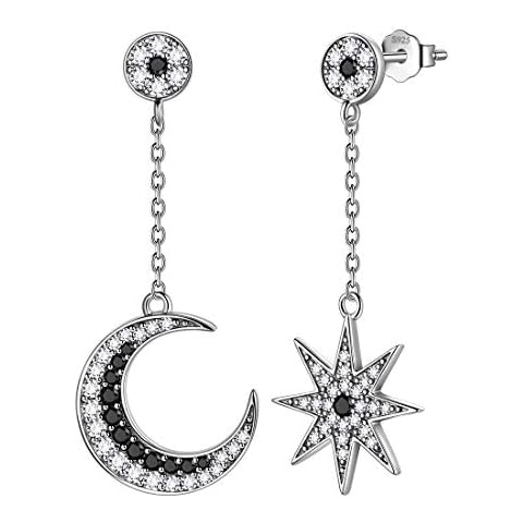 Aurora Tears Moon Star Dangle Earrings 925 Sterling Sliver Asymmetry Crescent Moon Star Stud Earrings with Cubic Zirconia Jewelry Gift for Women and Girls DE0163W Cover