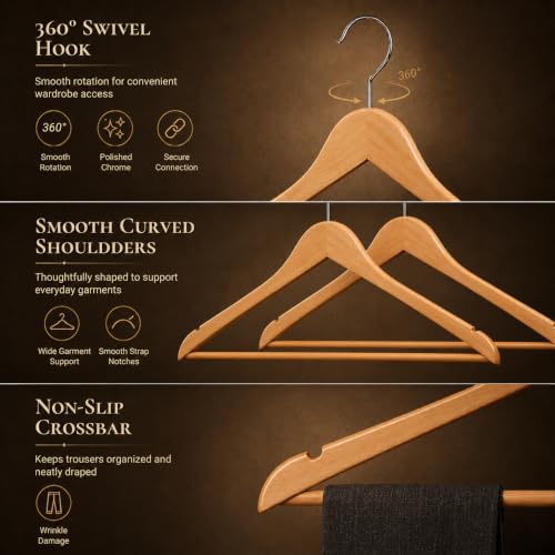 Image of Ash & Roh - Wooden Suit Hangers - Smooth Finish Solid Wood Coat Hanger with Non Slip Pants Bar, 360 Swivel Hook and Precisely Cut Notches Camisole, Jacket, Clothes Hangers (Wooden Hanger, 110)
