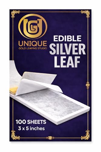 Image of UGLS Edible Silver Leaves 99.9% Pure (Chandi Ka Vark) Silver Leaf ( 100 Pcs ) forEdible Cake Toppers, Sweets Decoration (Mithai), Cake Decoration, Pooja & Jain Temple Use & Many More Uses | (3x5.in /80x130.mm)